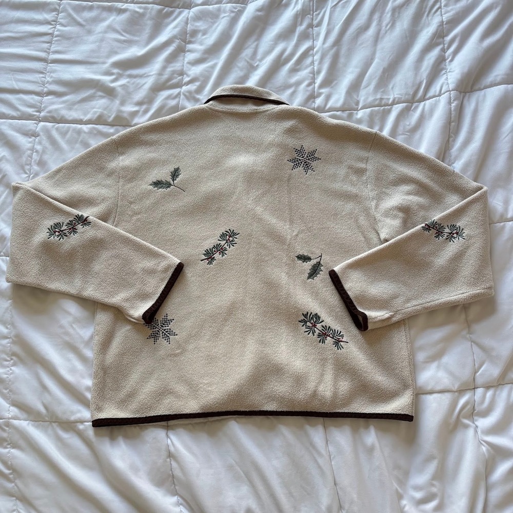 Vintage Talbots Fleece Cardigan Jacket Cream Embroidered Snowflake Holly XL - Picture 7 of 7